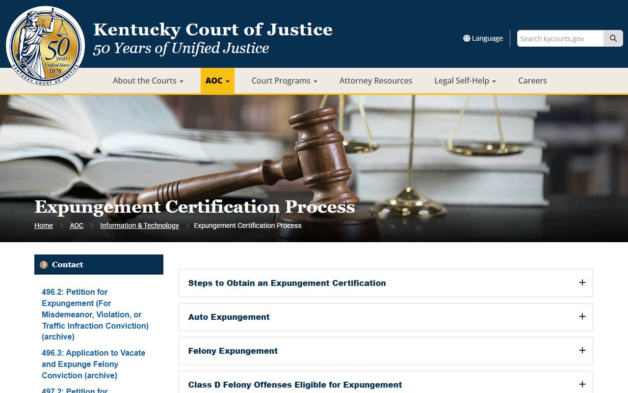 Whitley County criminal court records KCOJ expungement certification