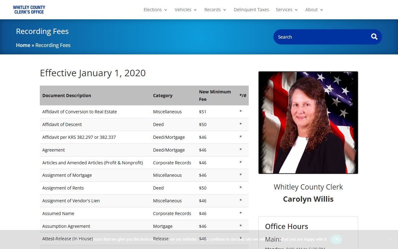 Whitley County probate records county clerk recording fee information